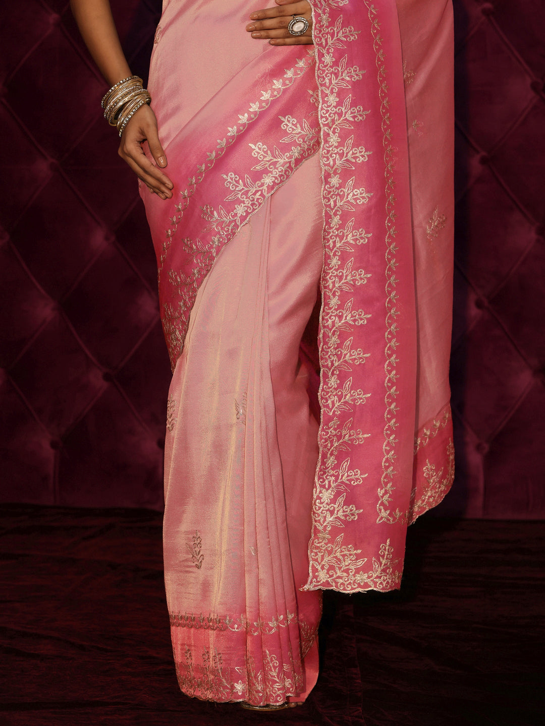 Libas Pink Floral Embroidered Tissue Saree