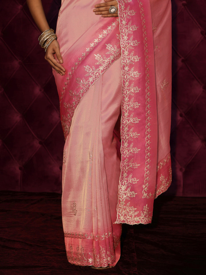 Libas Pink Floral Embroidered Tissue Saree