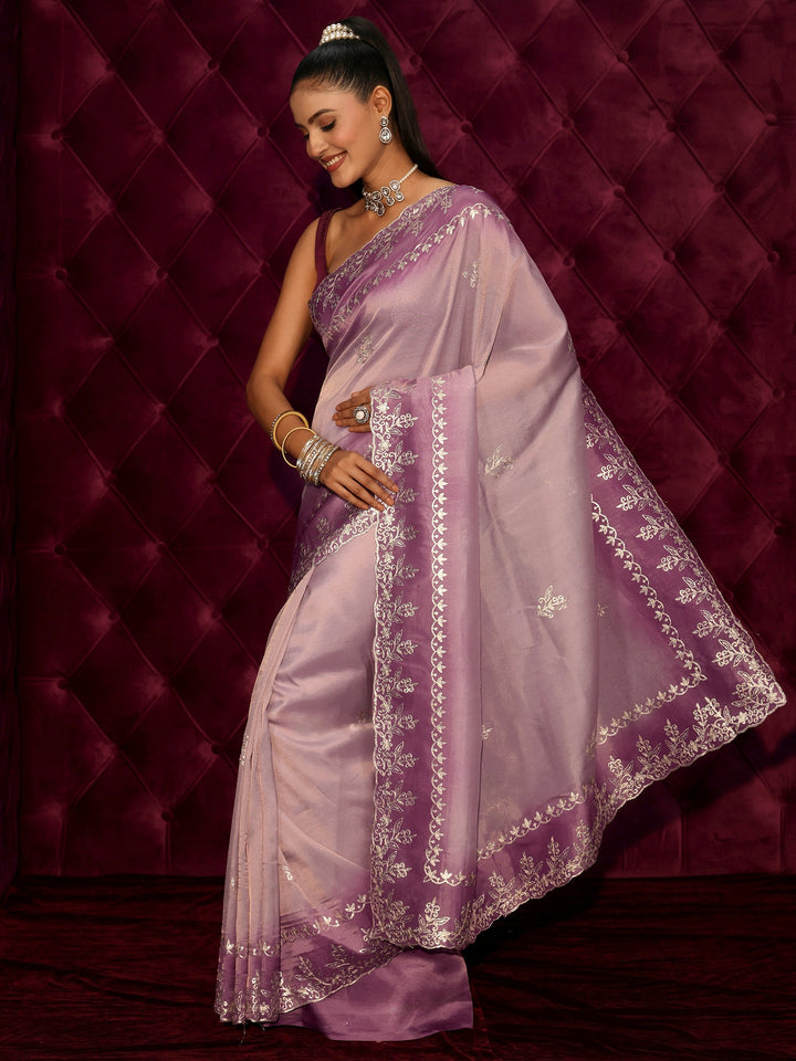 Libas Lavender Floral Embroidered Tissue Saree