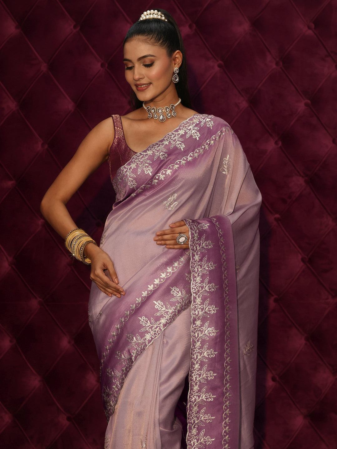Libas Lavender Floral Embroidered Tissue Saree