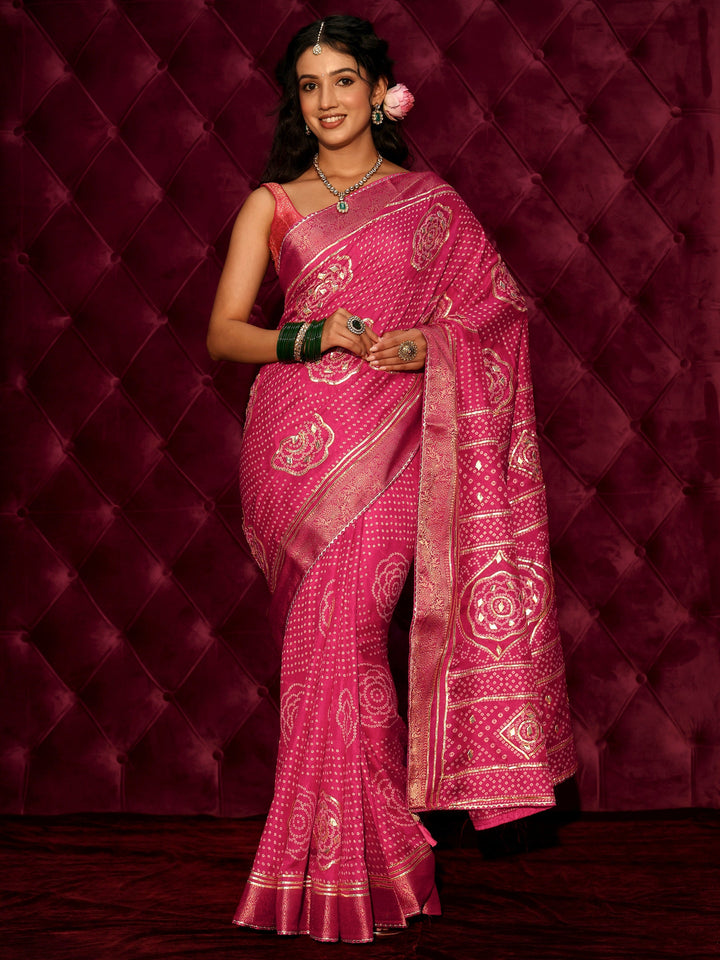 Libas Pink Bandhani Printed Silk Blend Saree
