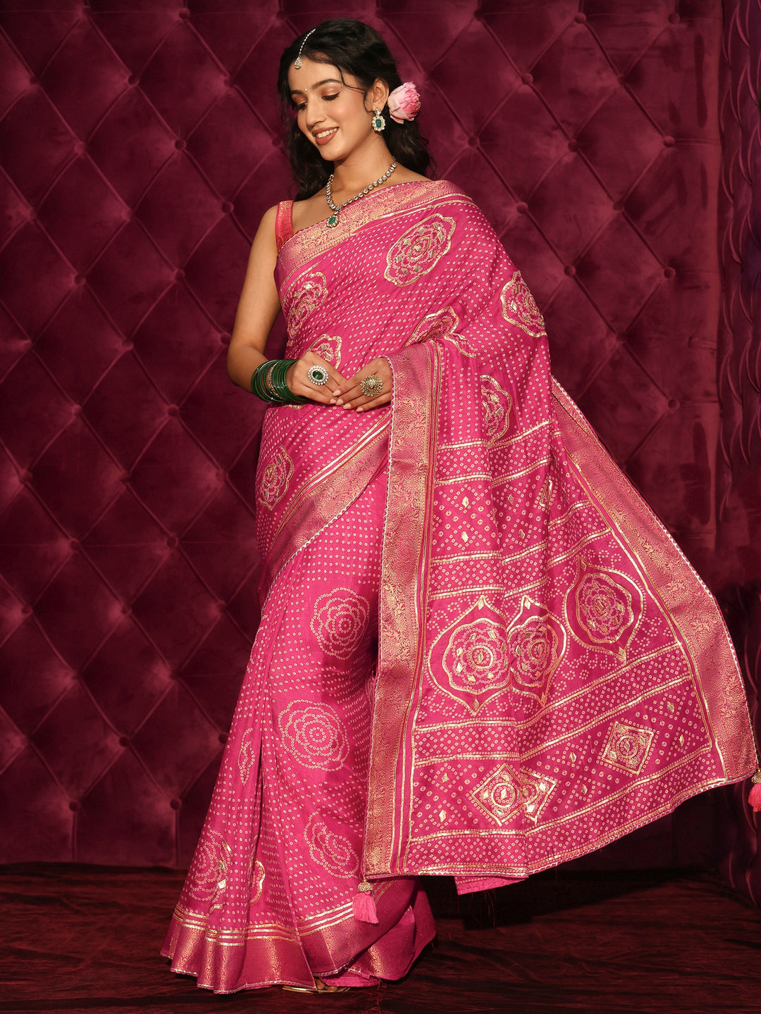 Libas Pink Bandhani Printed Silk Blend Saree