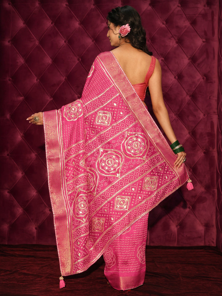 Libas Pink Bandhani Printed Silk Blend Saree