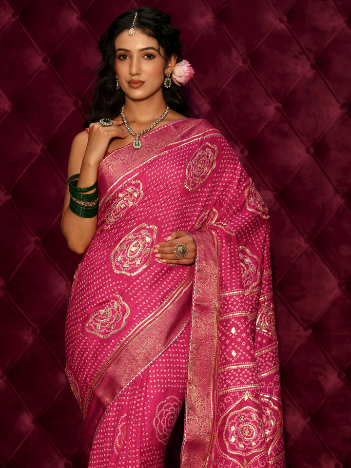 Libas Pink Bandhani Printed Silk Blend Saree