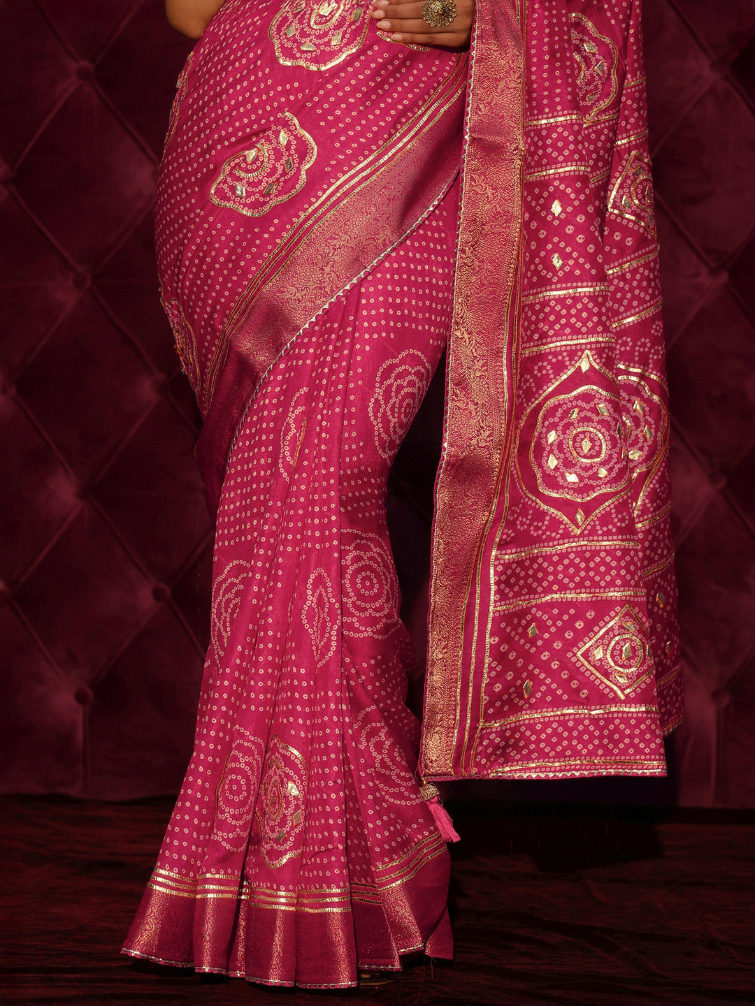 Libas Pink Bandhani Printed Silk Blend Saree