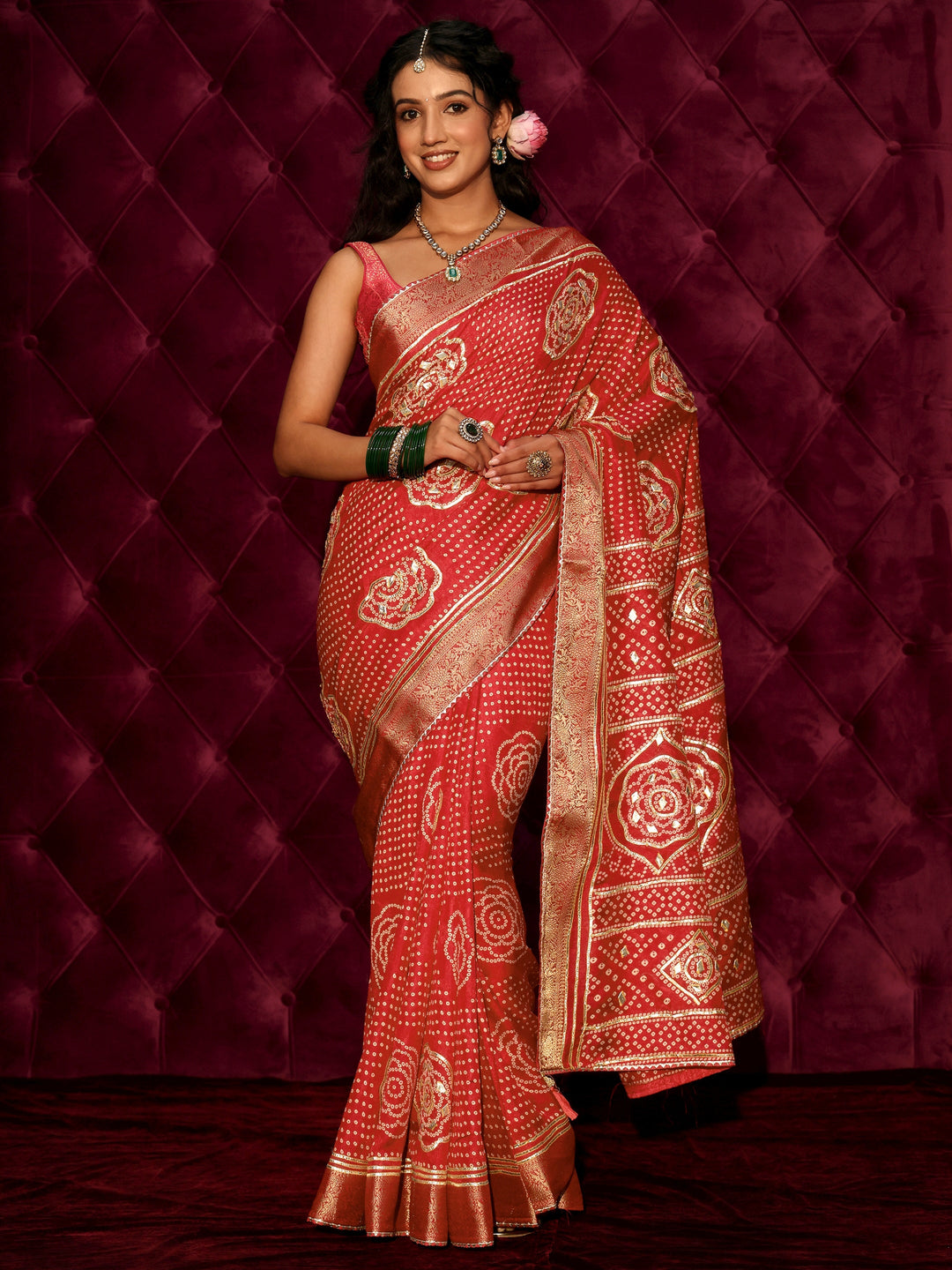 Libas Red Bandhani Printed Silk Blend Saree