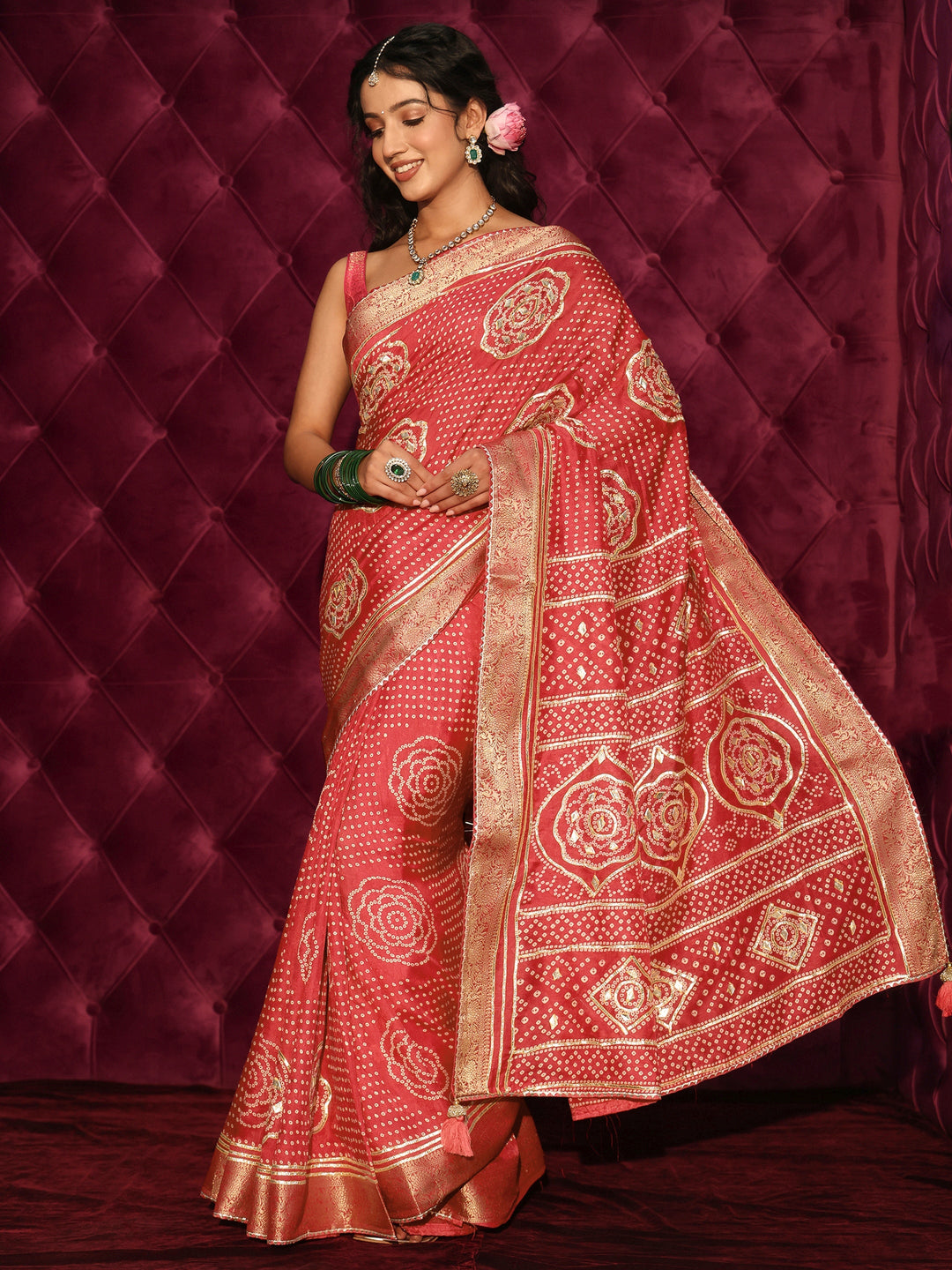 Libas Red Bandhani Printed Silk Blend Saree