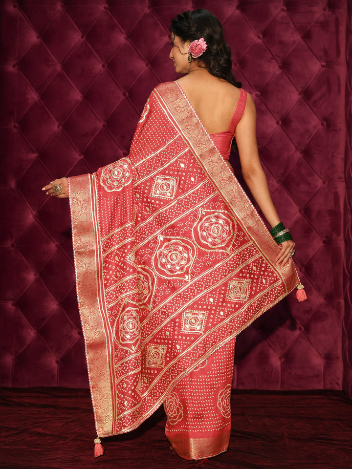 Libas Red Bandhani Printed Silk Blend Saree