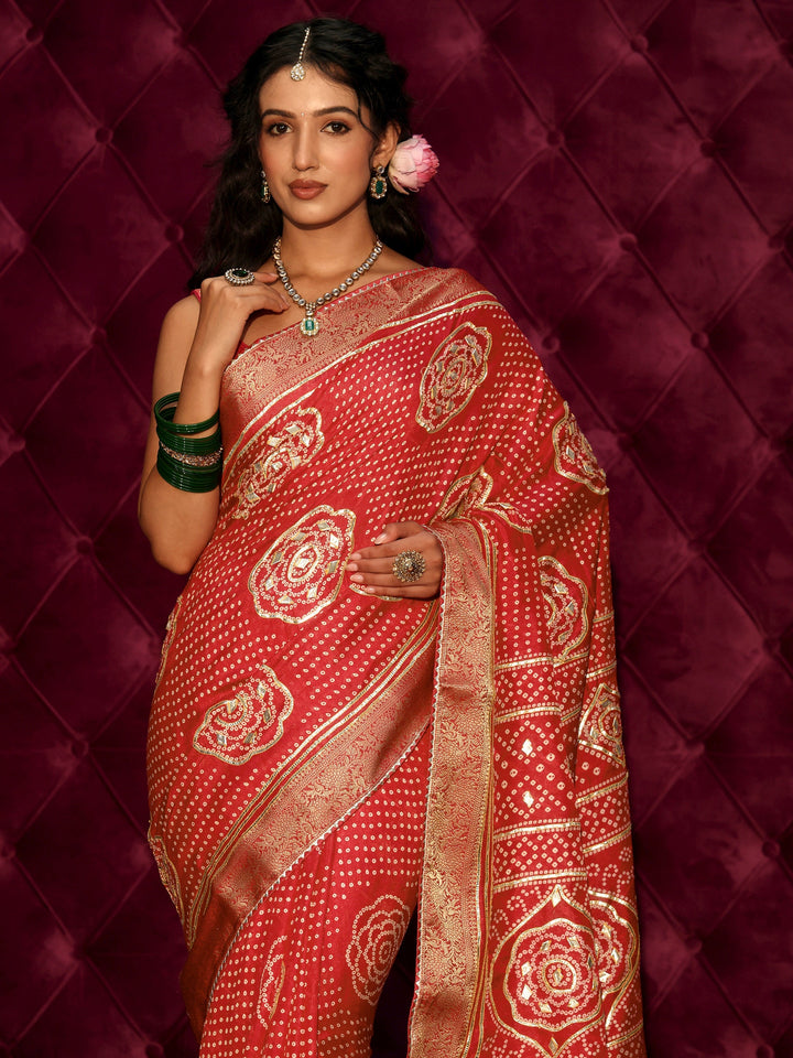 Libas Red Bandhani Printed Silk Blend Saree