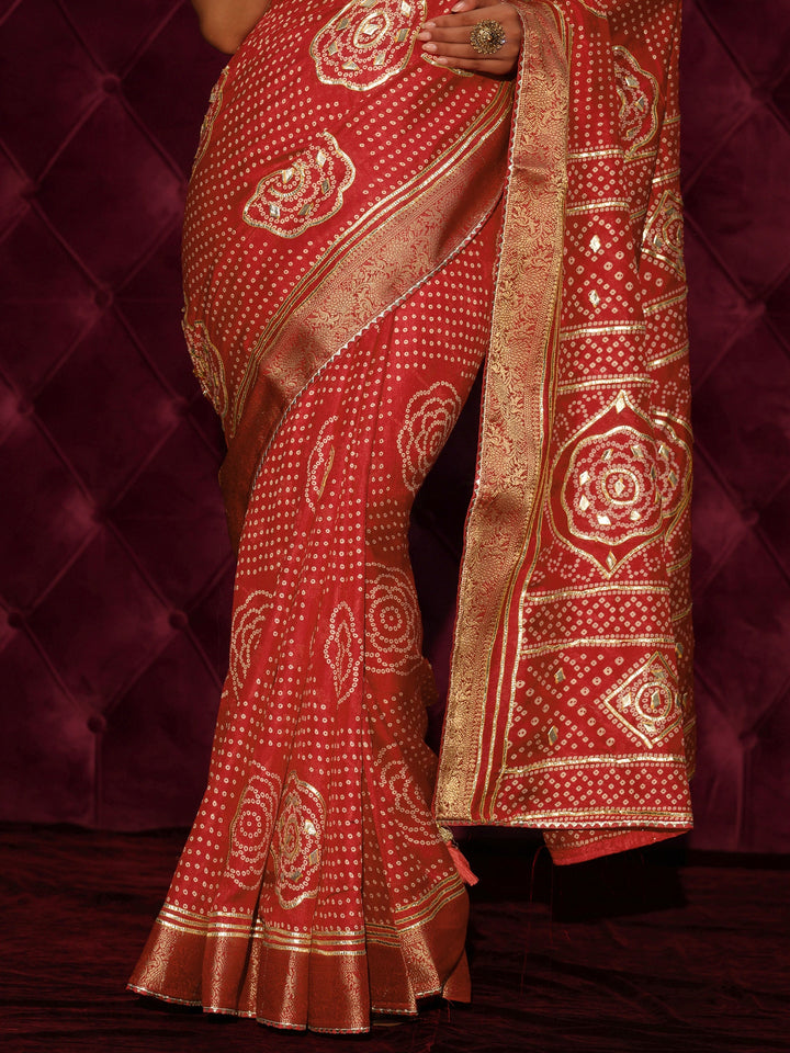 Libas Red Bandhani Printed Silk Blend Saree