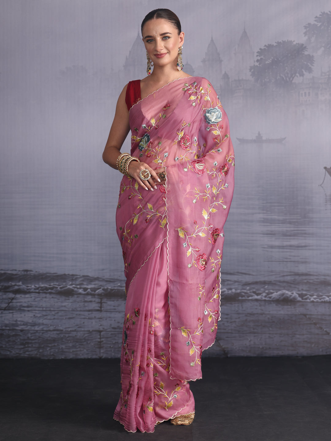 Libas Mauve Floral Embroidered Tissue Saree with Scalloped Border