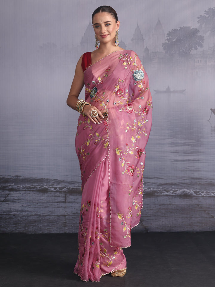 Libas Mauve Floral Embroidered Tissue Saree with Scalloped Border