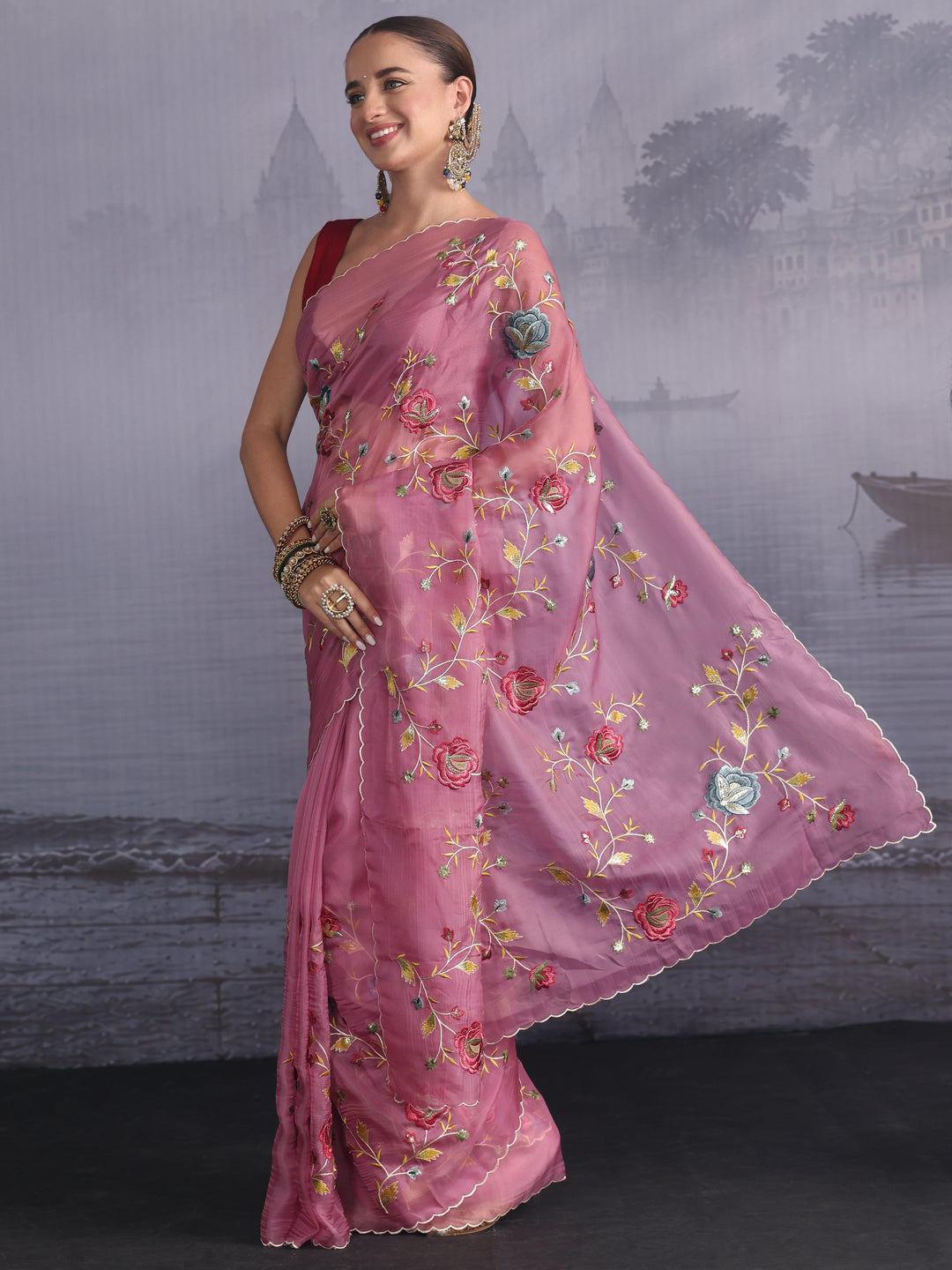 Libas Mauve Floral Embroidered Tissue Saree with Scalloped Border