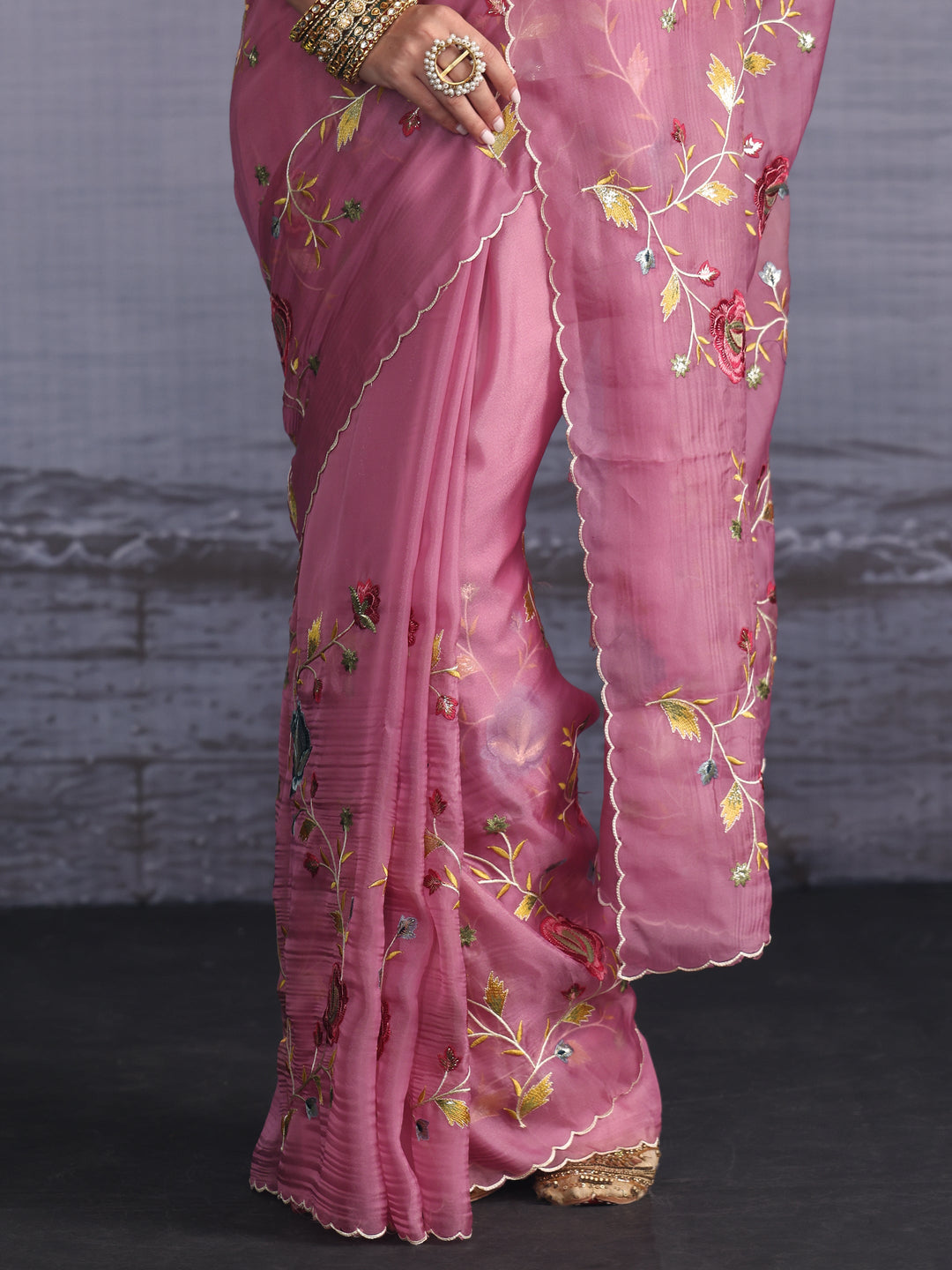 Libas Mauve Floral Embroidered Tissue Saree with Scalloped Border