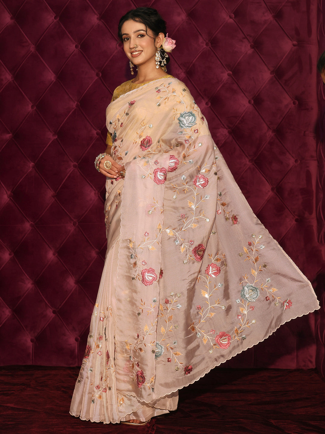 Libas Light Taupe Floral Embroidered Tissue Saree