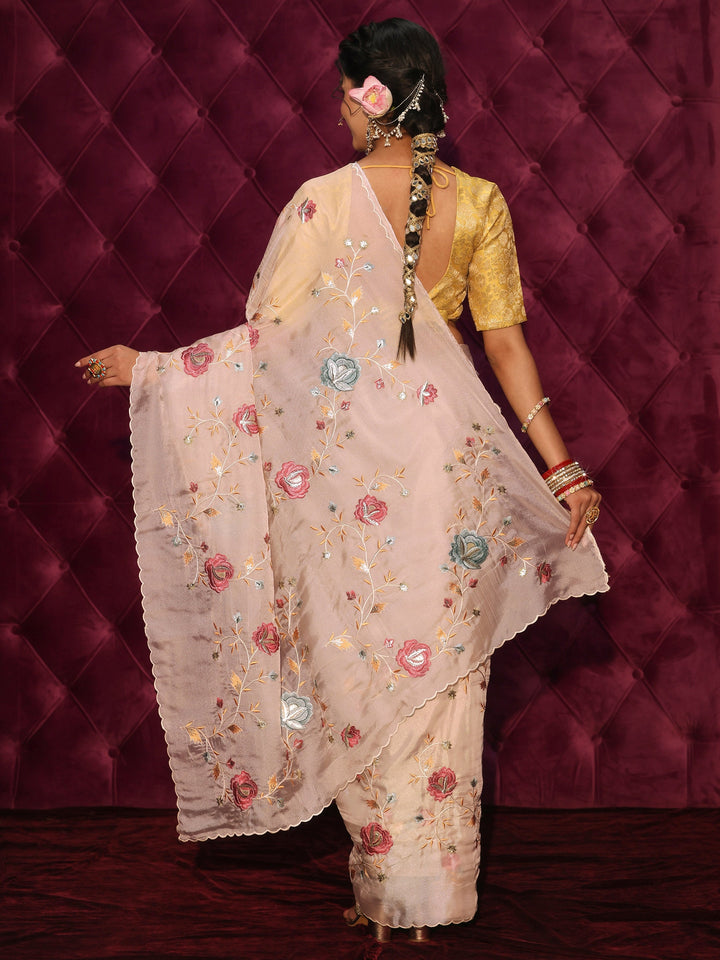 Libas Light Taupe Floral Embroidered Tissue Saree