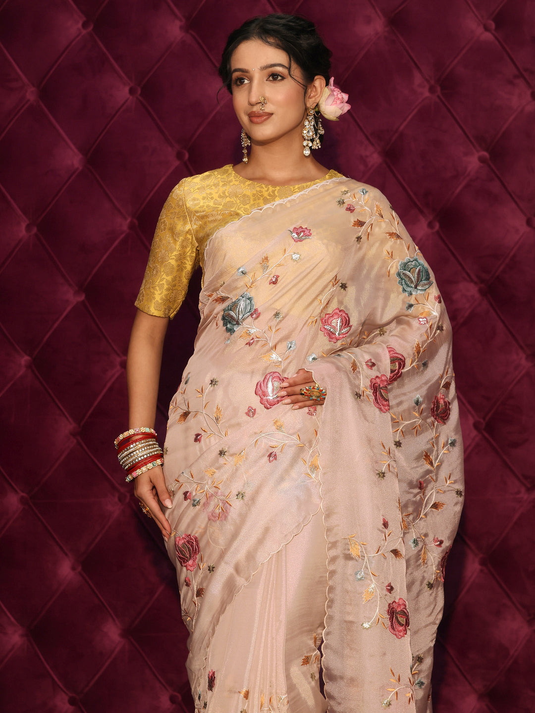 Libas Light Taupe Floral Embroidered Tissue Saree