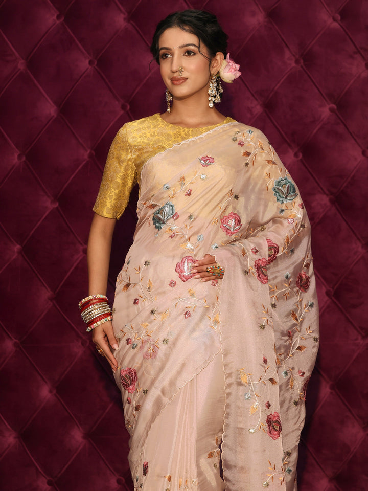 Libas Light Taupe Floral Embroidered Tissue Saree