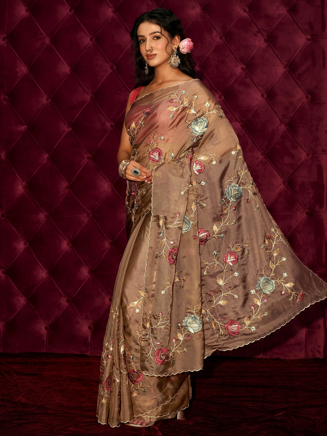 Libas Brown Floral Embroidered Tissue Saree