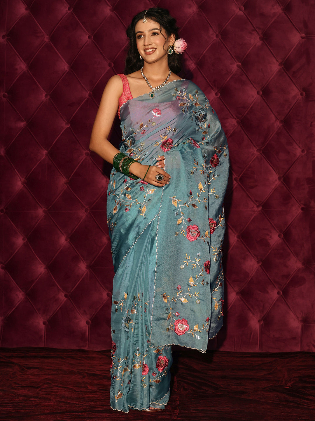Libas Blue Floral Embroidered Tissue Saree