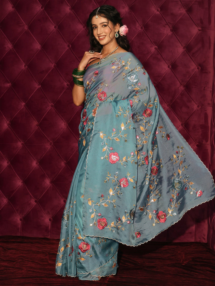 Libas Blue Floral Embroidered Tissue Saree