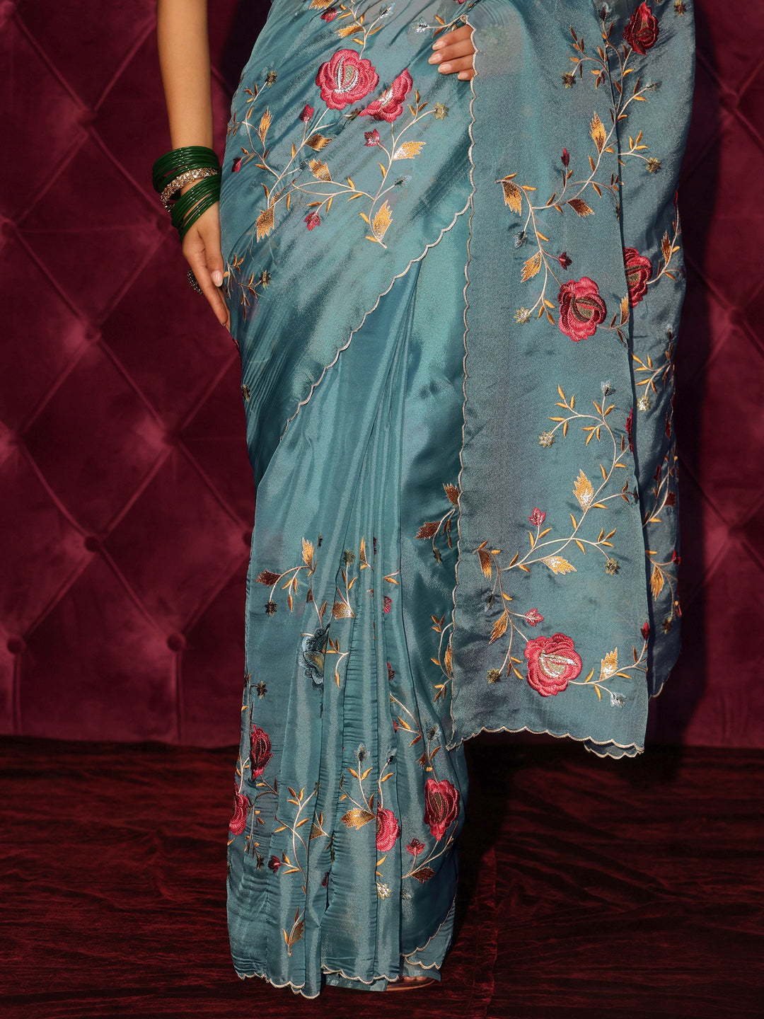 Libas Blue Floral Embroidered Tissue Saree