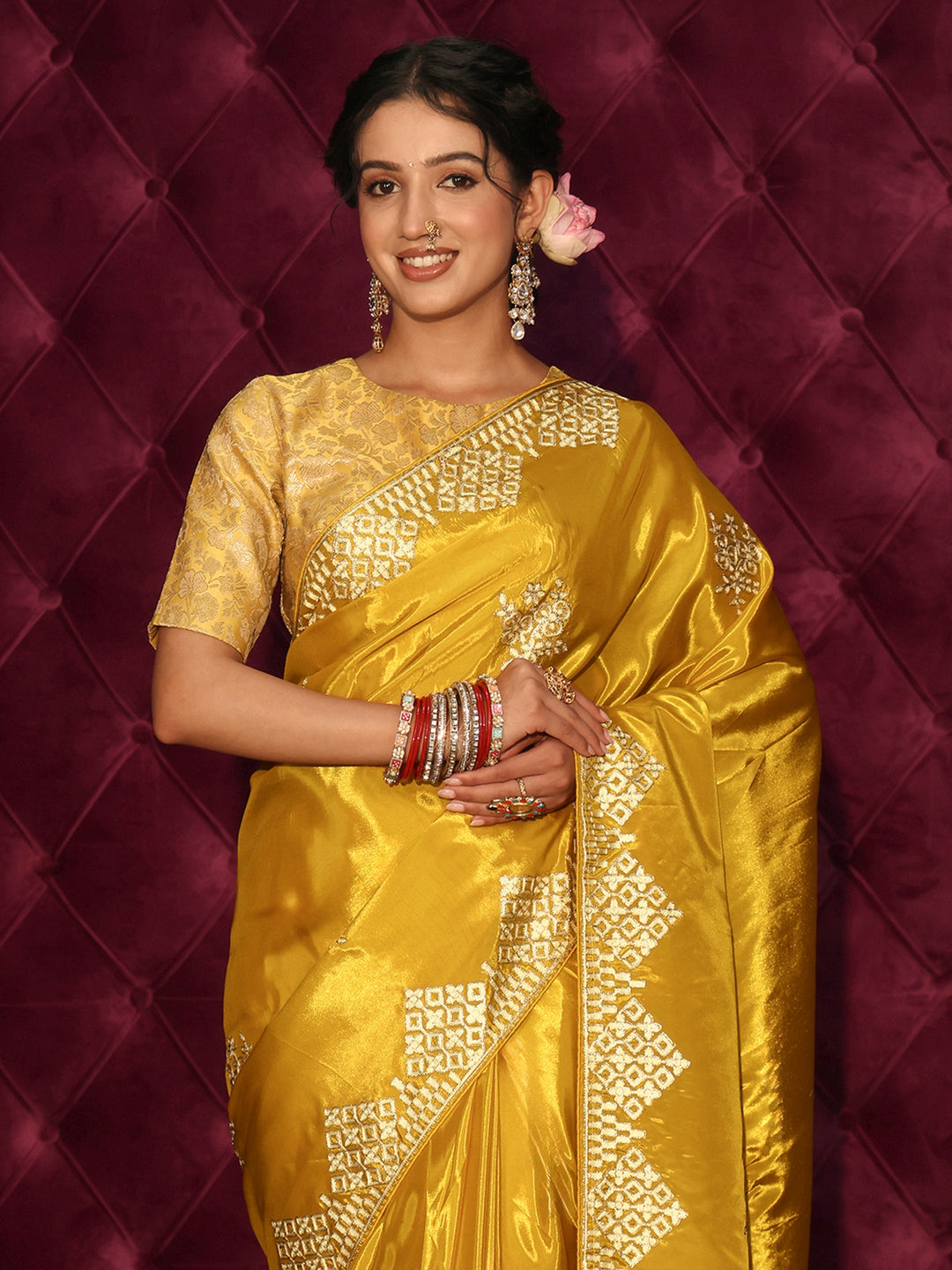 Libas Mustard Floral Embroidered Satin Saree
