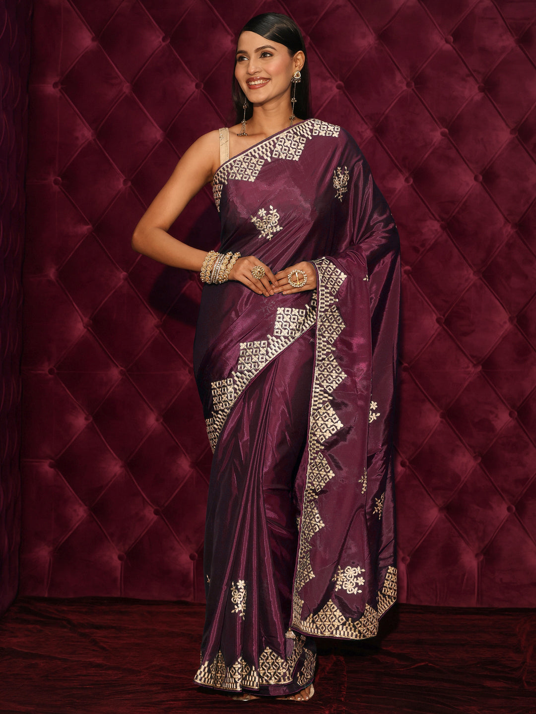Libas Purple Floral Embroidered Satin Saree