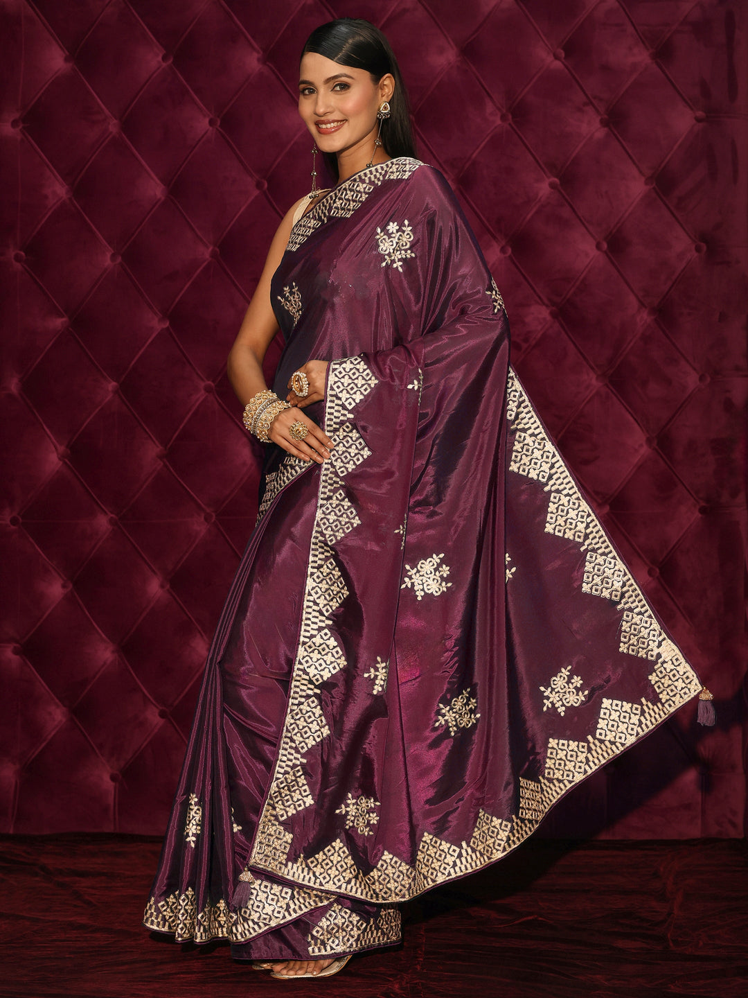 Libas Purple Floral Embroidered Satin Saree