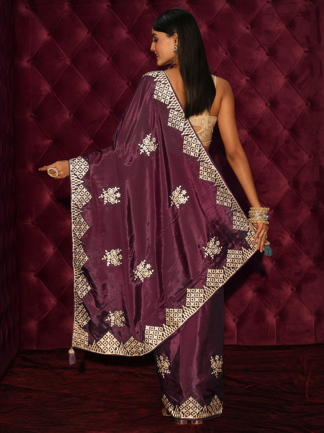 Libas Purple Floral Embroidered Satin Saree