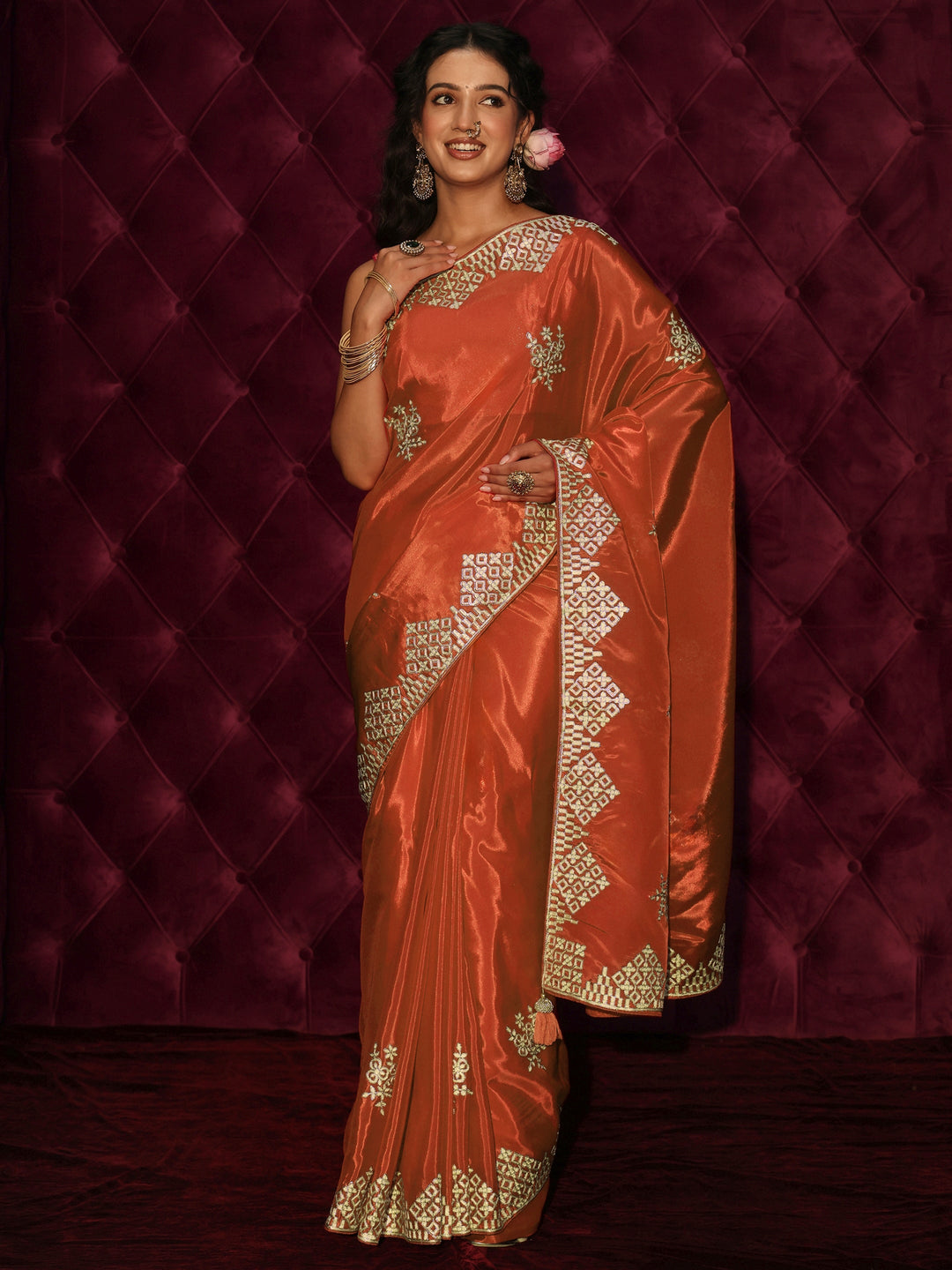 Libas Orange Floral Embroidered Satin Saree