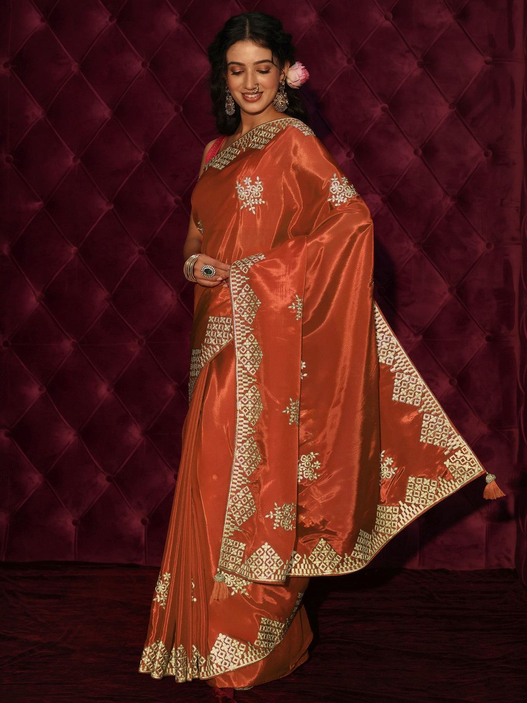 Libas Orange Floral Embroidered Satin Saree