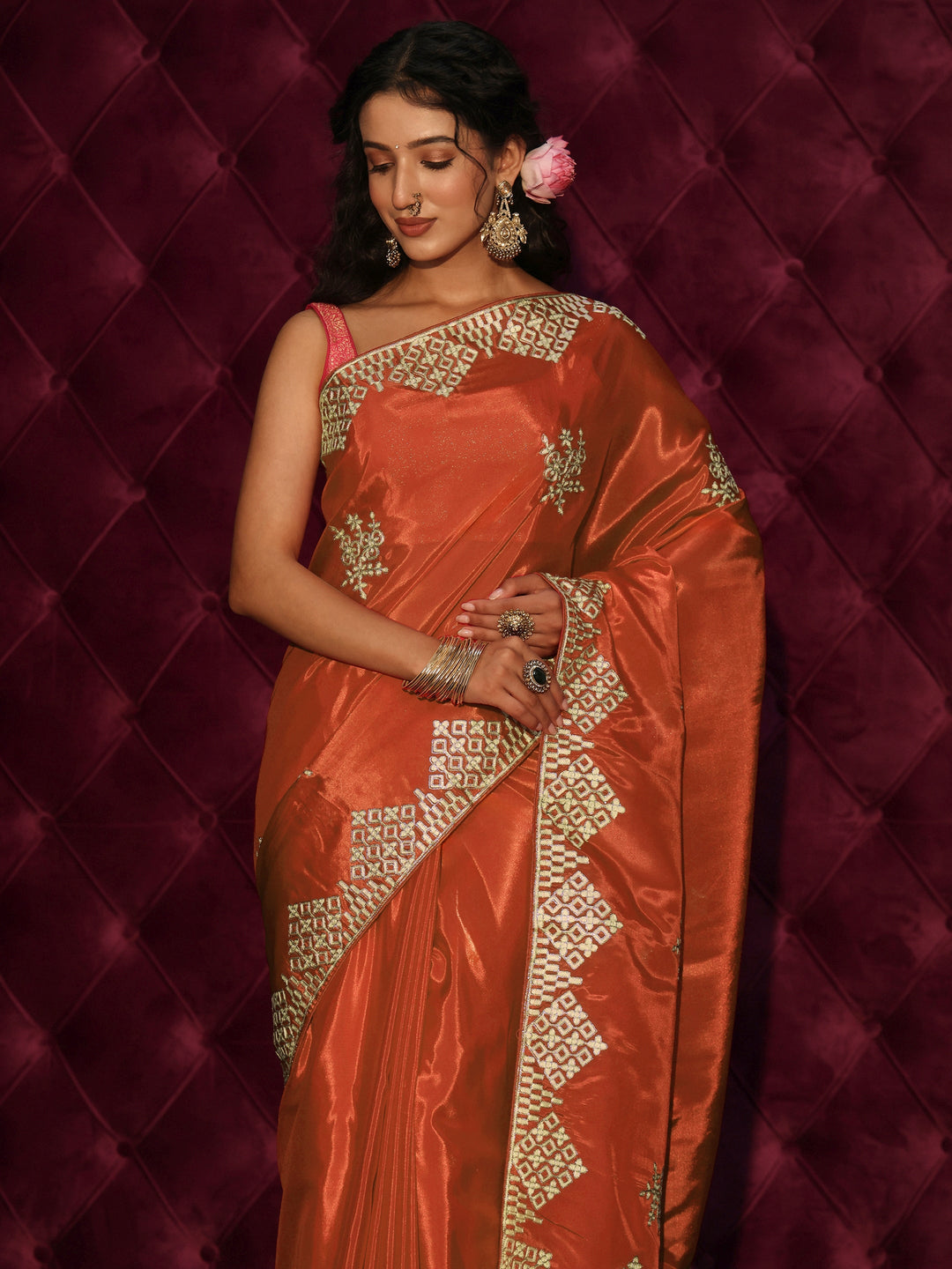 Libas Orange Floral Embroidered Satin Saree