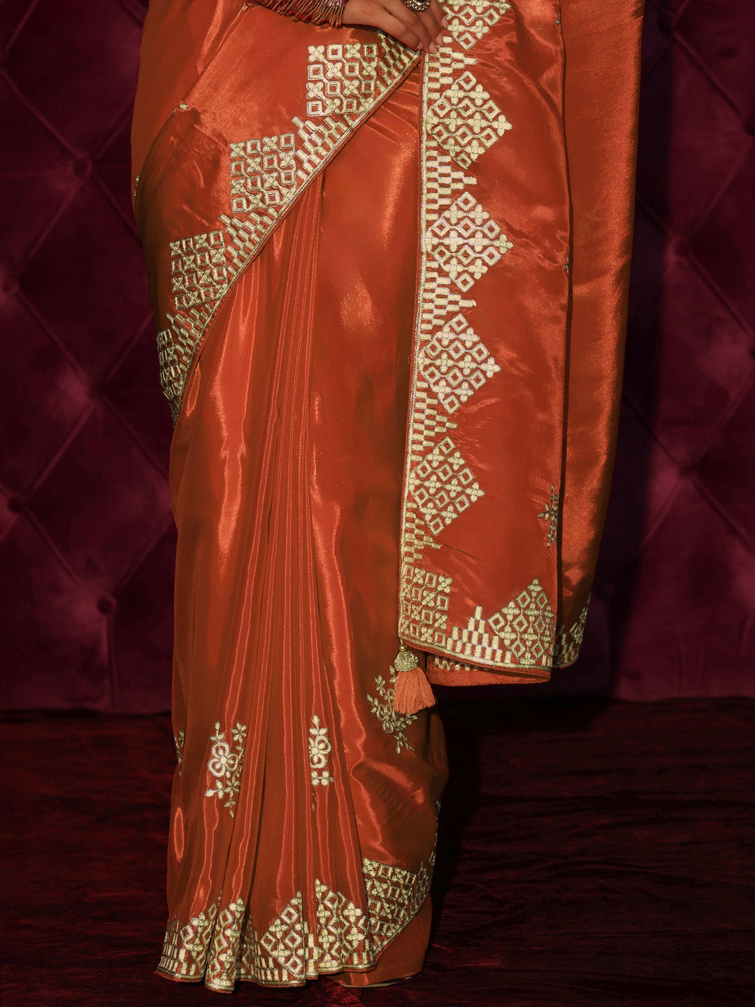 Libas Orange Floral Embroidered Satin Saree