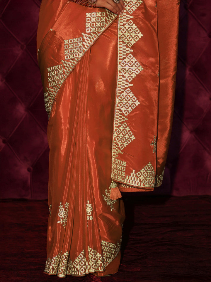 Libas Orange Floral Embroidered Satin Saree