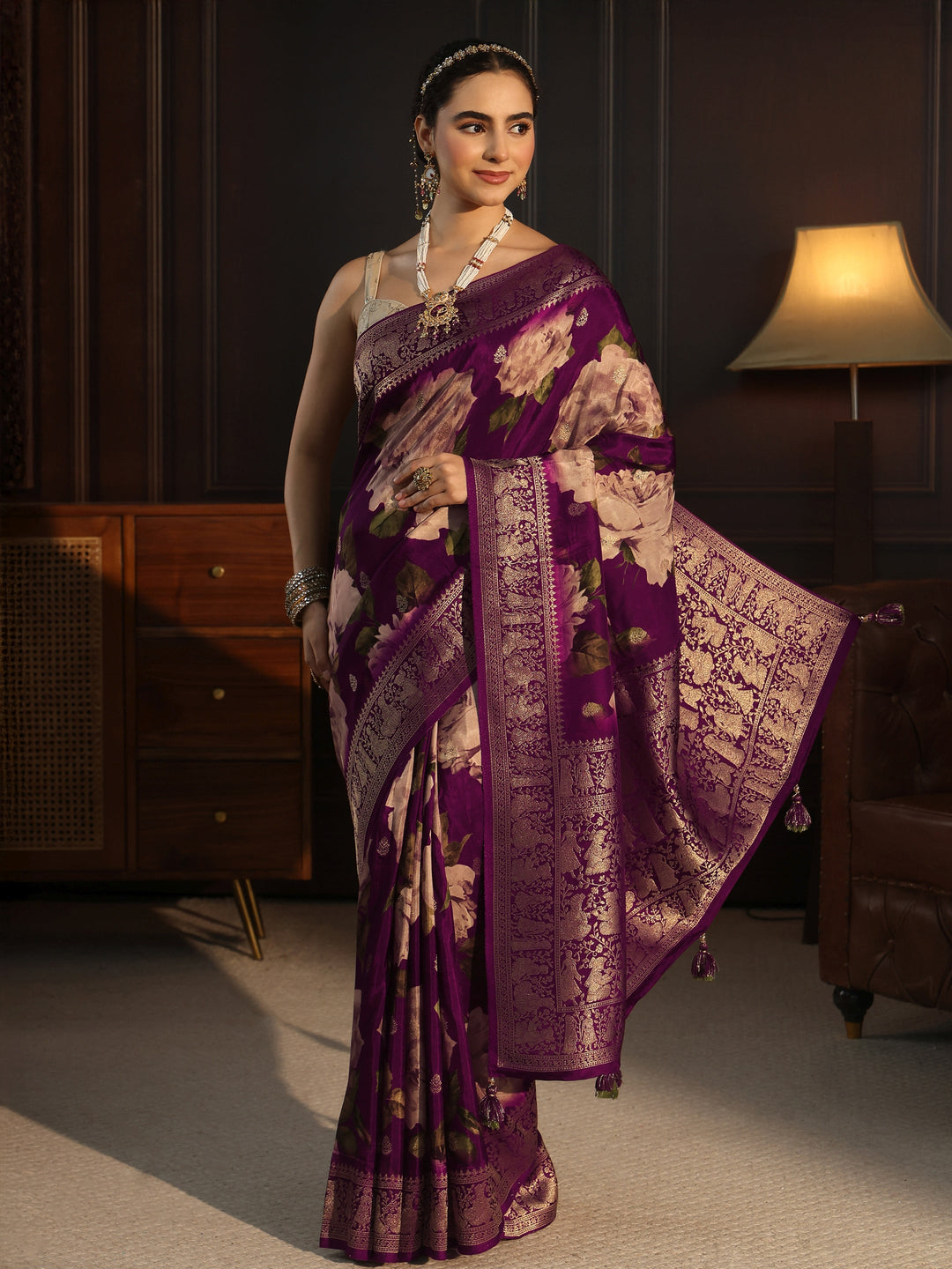 Libas Art Wine Floral Printed Silk Blend Saree with Woven Border