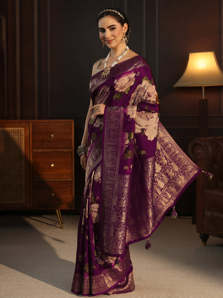 Libas Art Wine Floral Printed Silk Blend Saree with Woven Border