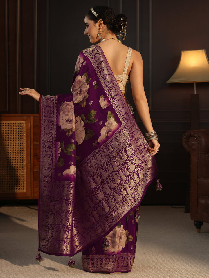 Libas Art Wine Floral Printed Silk Blend Saree with Woven Border