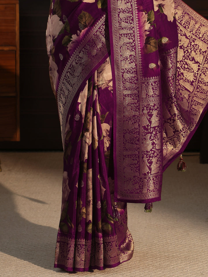 Libas Art Wine Floral Printed Silk Blend Saree with Woven Border