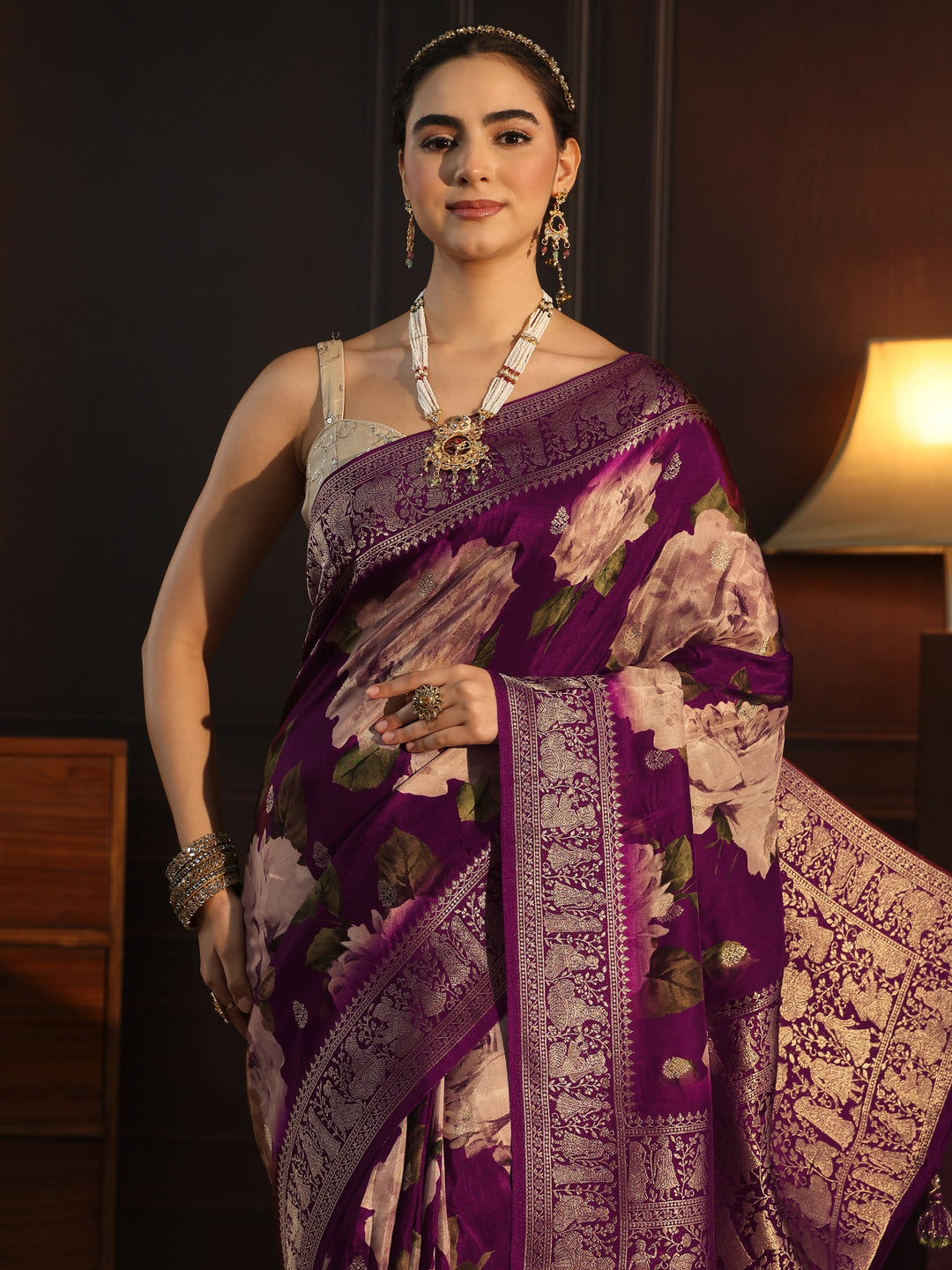 Libas Art Wine Floral Printed Silk Blend Saree with Woven Border