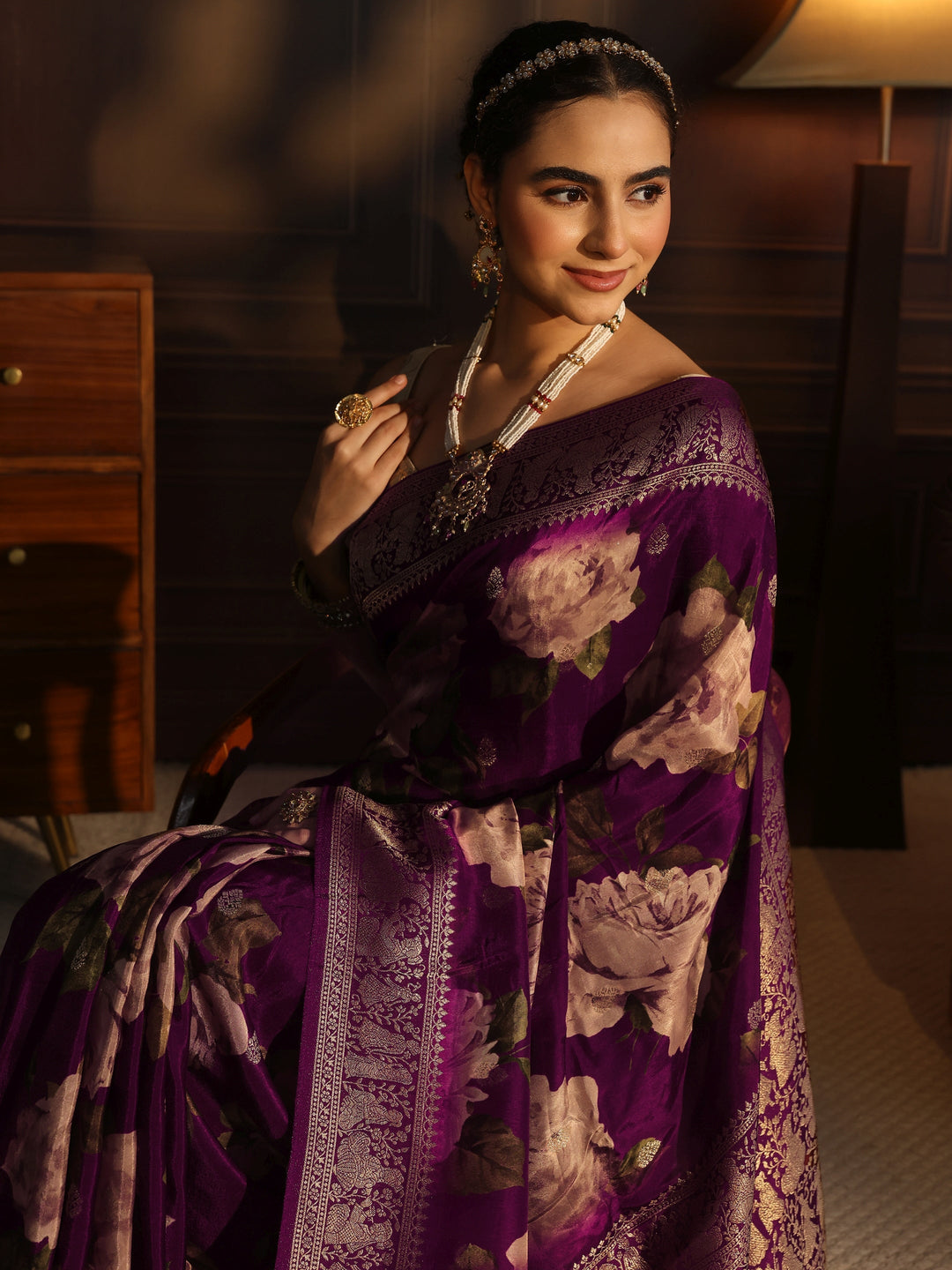 Libas Art Wine Floral Printed Silk Blend Saree with Woven Border