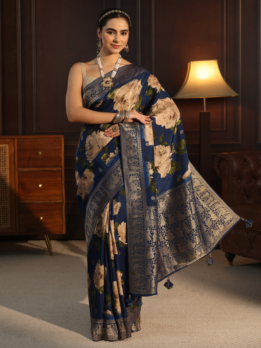 Libas Art Blue Floral Printed Silk Blend Saree with Woven Border