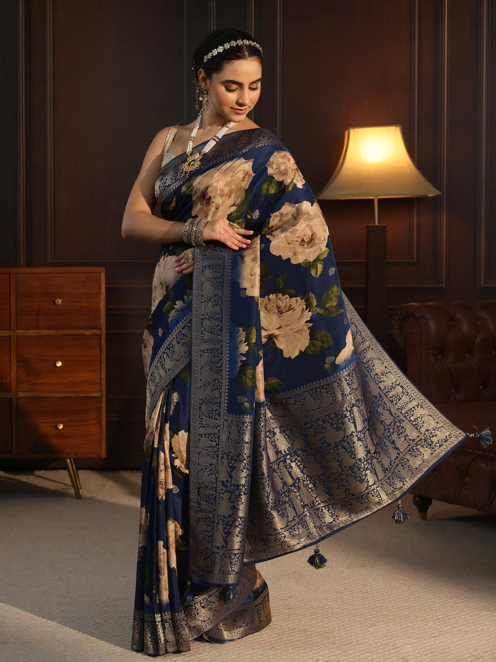 Libas Art Blue Floral Printed Silk Blend Saree with Woven Border