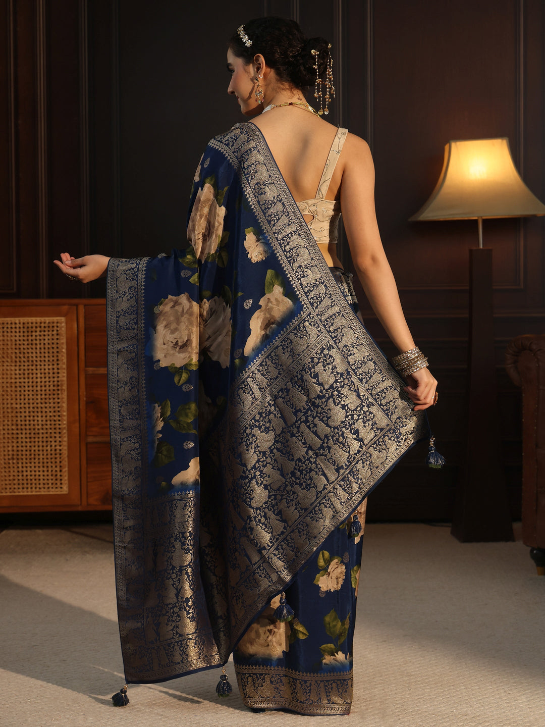 Libas Art Blue Floral Printed Silk Blend Saree with Woven Border