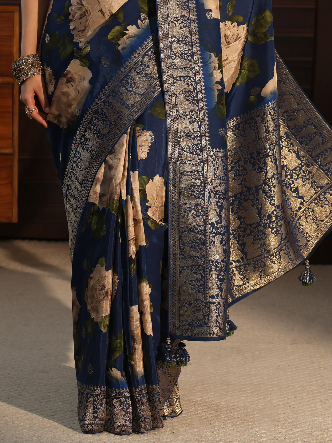 Libas Art Blue Floral Printed Silk Blend Saree with Woven Border