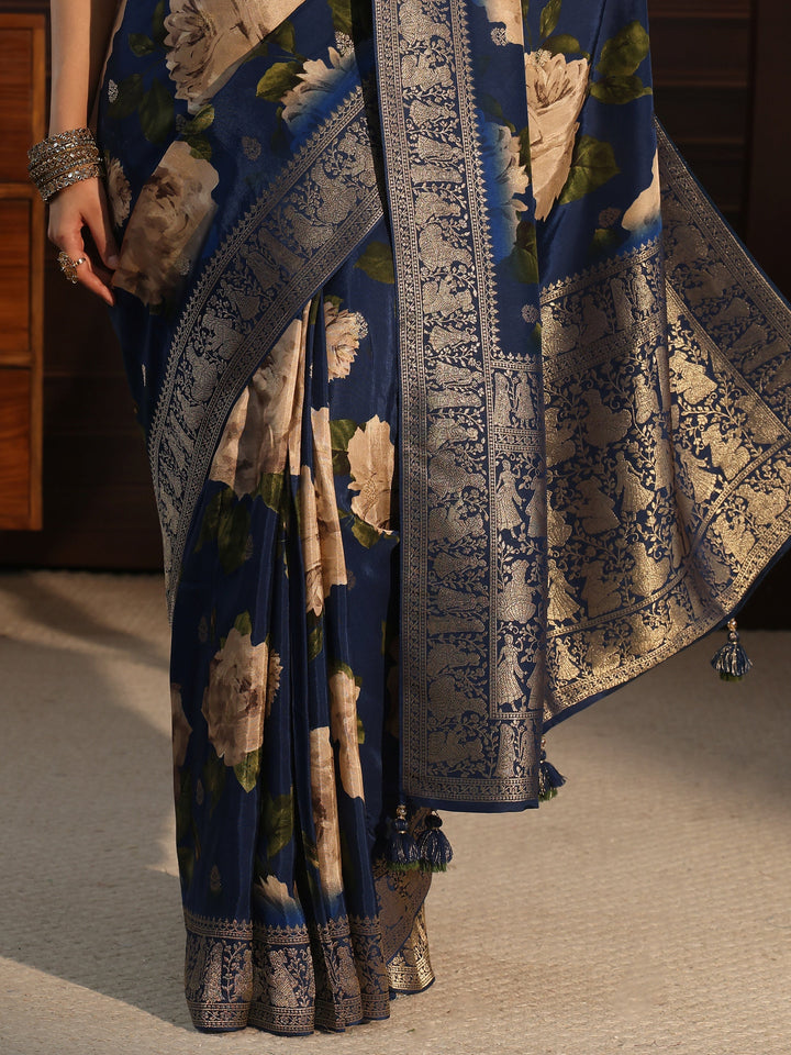 Libas Art Blue Floral Printed Silk Blend Saree with Woven Border