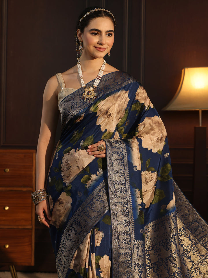 Libas Art Blue Floral Printed Silk Blend Saree with Woven Border