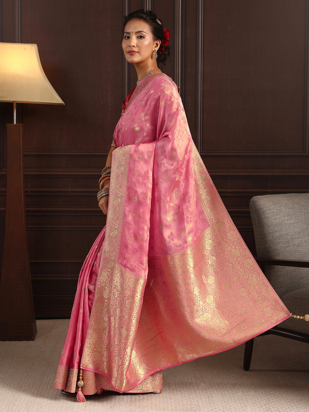 Libas Art Pink Floral Woven Design Silk Blend Saree with Potli Bag