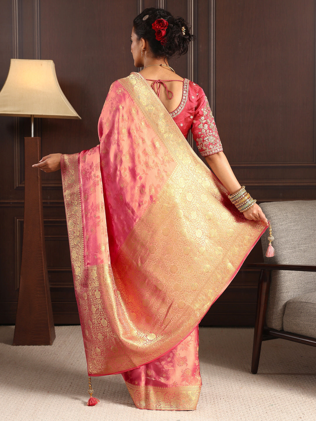 Libas Art Pink Floral Woven Design Silk Blend Saree with Potli Bag