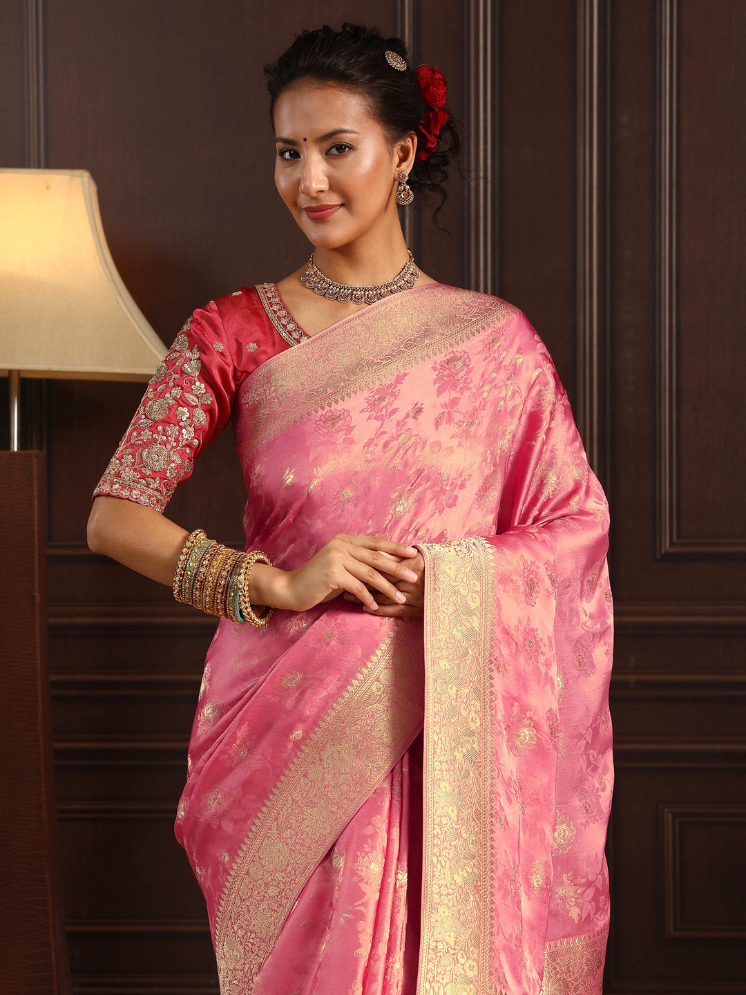 Libas Art Pink Floral Woven Design Silk Blend Saree with Potli Bag